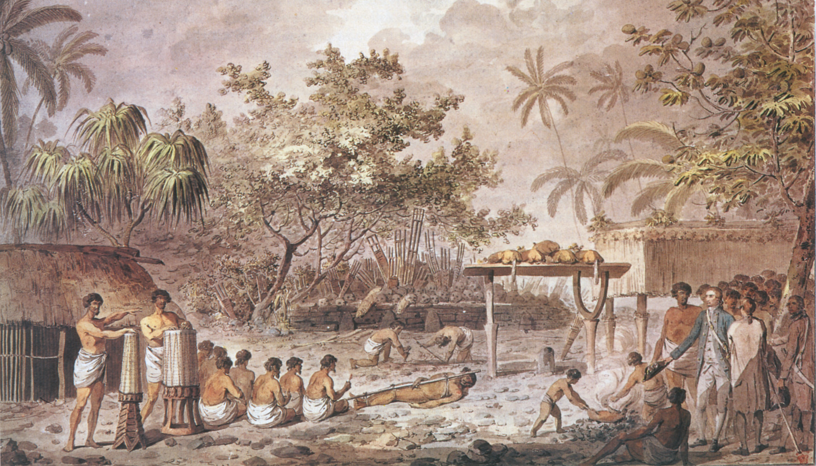 Le capitaine James Cook assiste à un sacrifice humain sur un "marre" (temple) tahitien ©DR