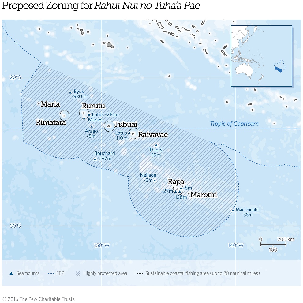 En rayé, le million de km2 qui serait verrouillé à la pêche et autre exploitation minière par le projet Rahui Nui no Tuha'a Pae ©Pew