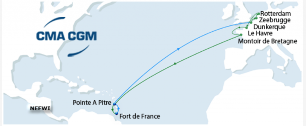 La ligne maritime NEFWI (North Europe French West-Indies)  opérée l'armateur français © CMA-CGM 