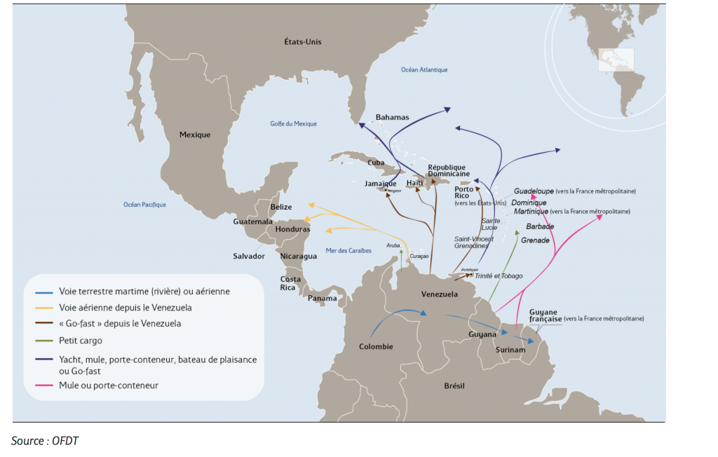Les flux de cocaïne dans la mer des Caraïbes et vers la Guyane