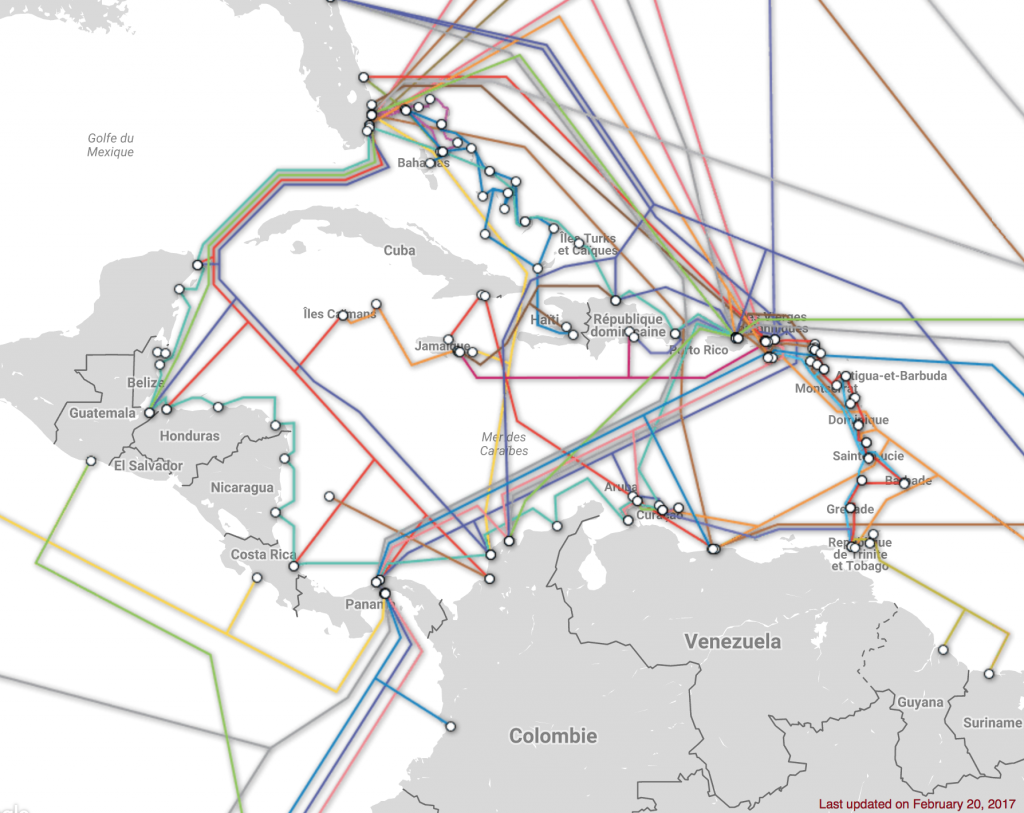 Les Cables sous-marins de connexion Internet présents dans la Caraïbe ©Telegeography