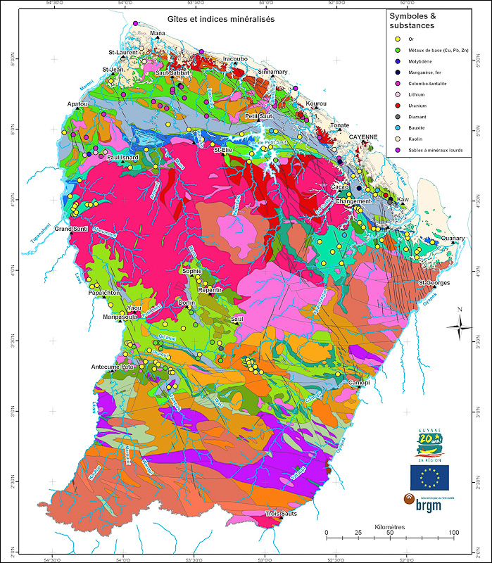 Carte des ressources minières en Guyane © BRGM
