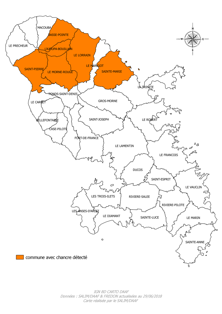 Carte des communes où le chancre citrique a été détecté © Préfecture de Martinique 