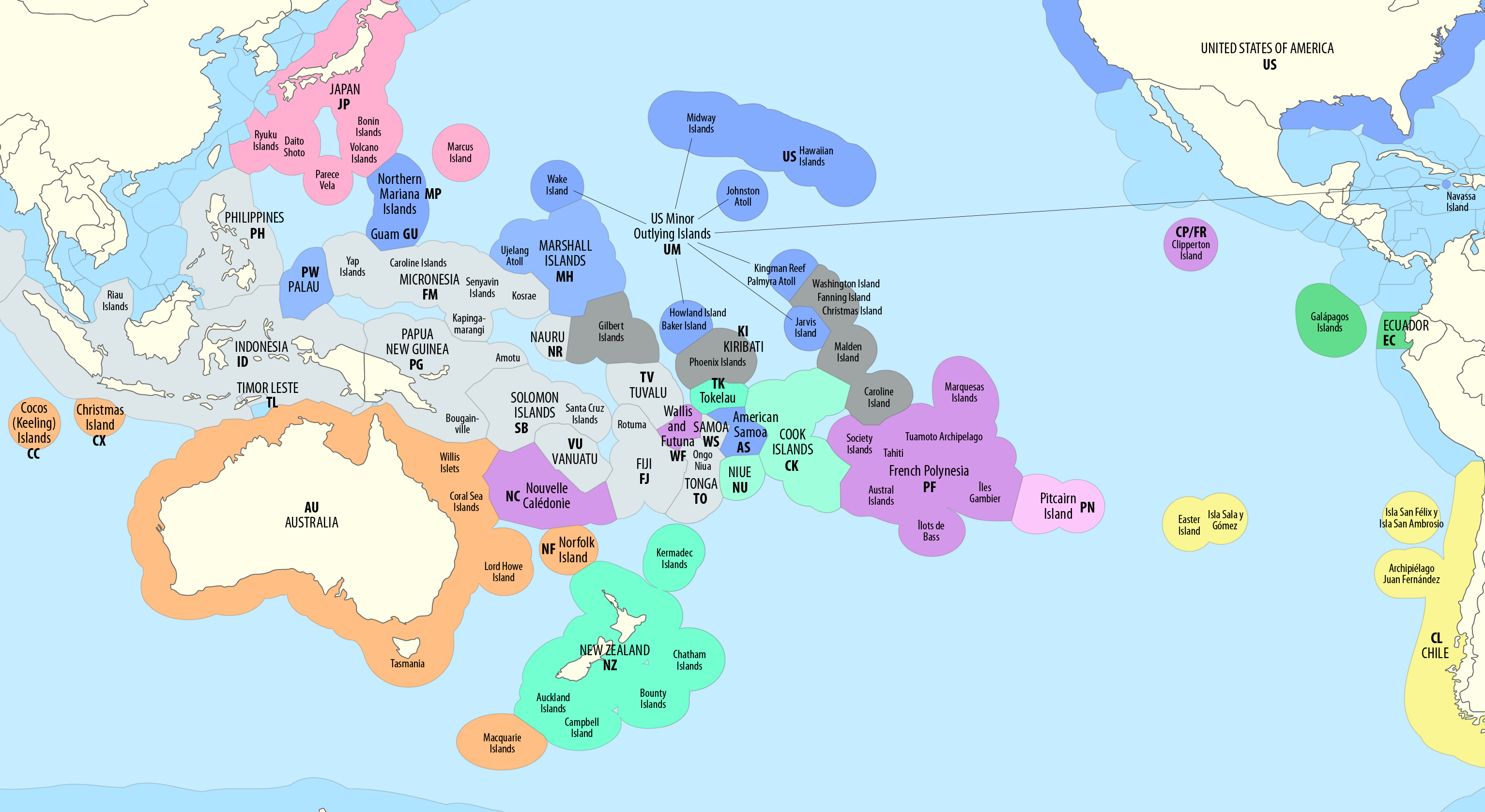 La carte des ZEE du Pacifique, dont celle de la Polynésie au centre (en mauve) 