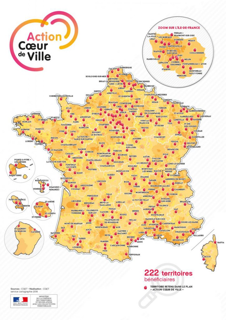 La carte des villes retenues par le programme «Action coeur de ville» © CGET