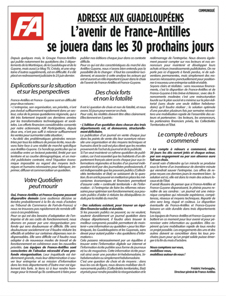 Un communiqué à l'attention des lecteurs du France-Antilles et du France -Guyane a été publié dans les trois quotidiens 