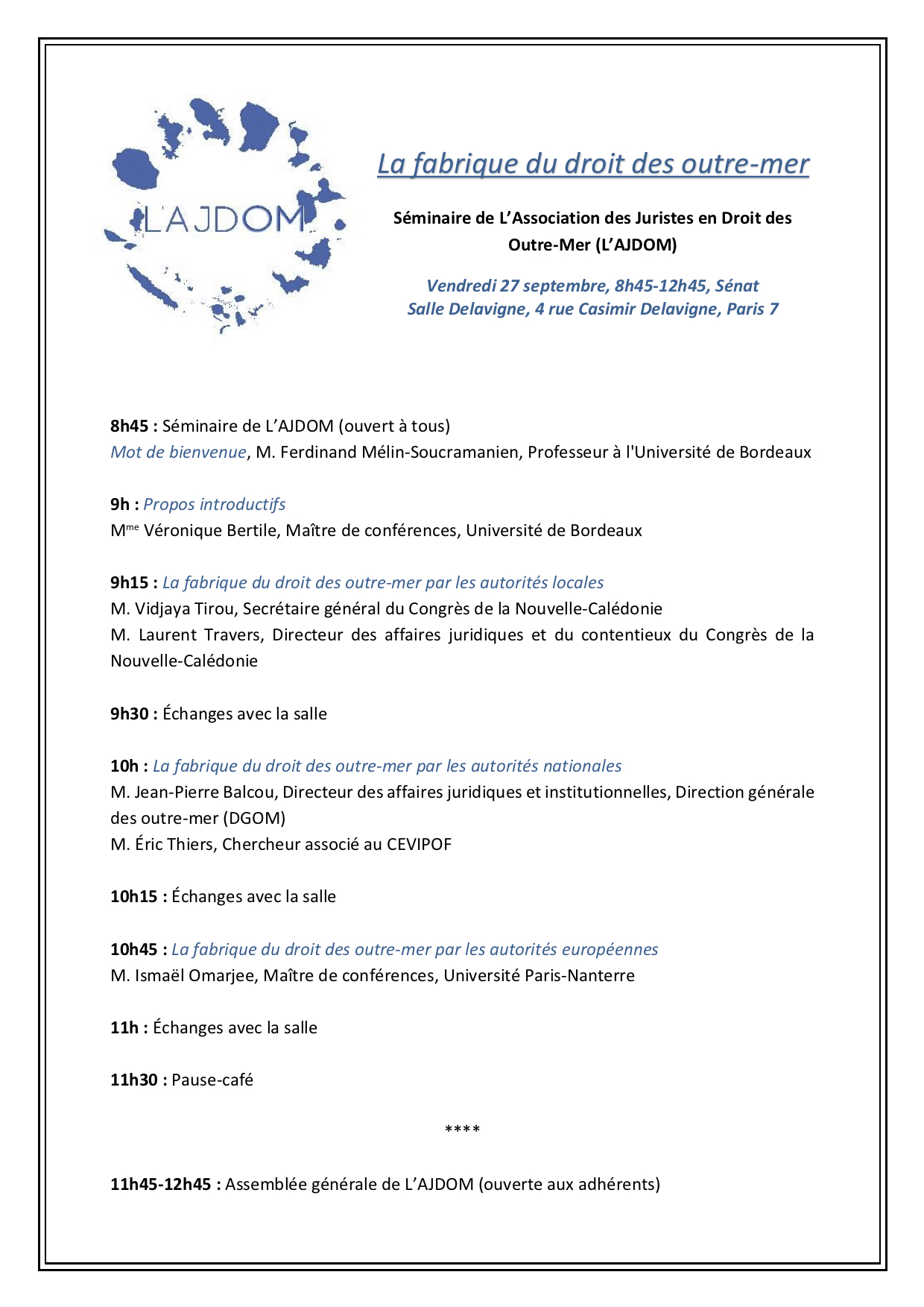 La fabrique du droit des outre-mer - programme 27 septembre 2019